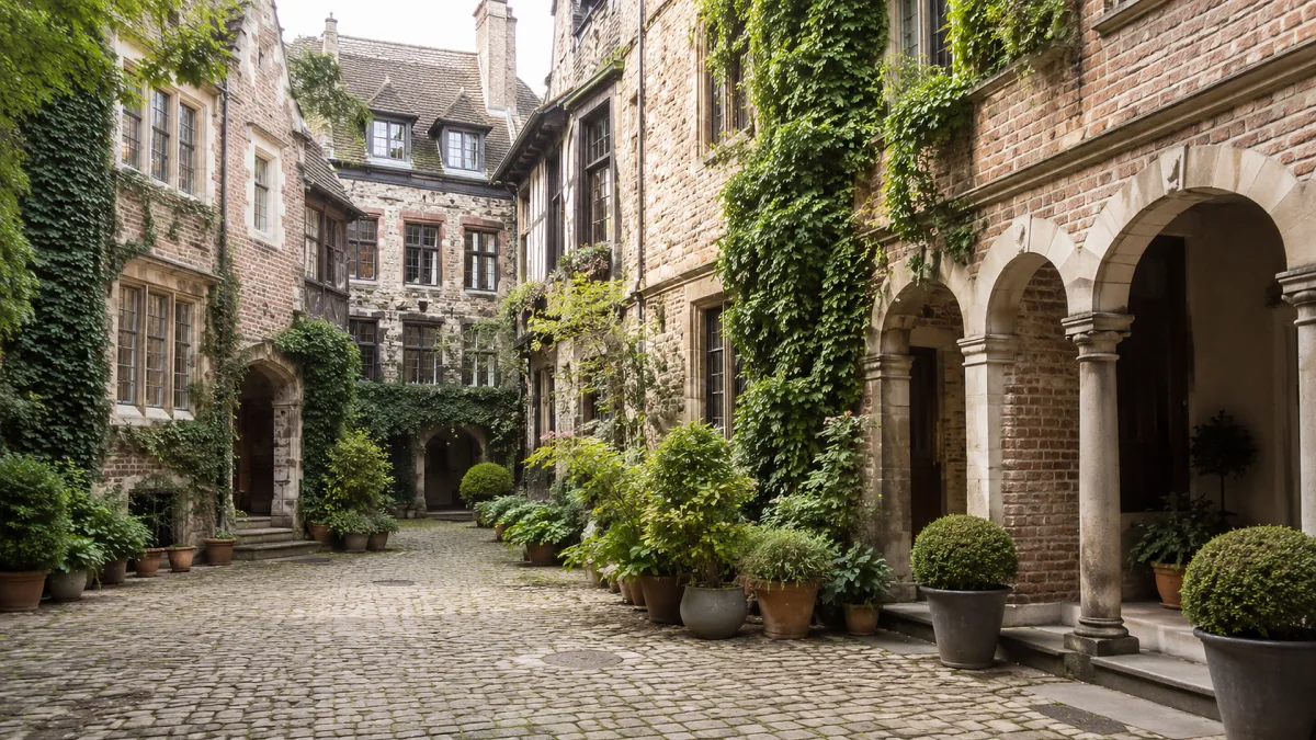 A historic courtyard residence uses stone arches, ivy, potted plants, and cobblestones to create an old estate atmosphere.
