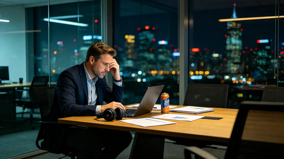 A suited man sits alone at a desk at night with papers, a laptop, city lights, and visible fatigue, capturing deadline pressure, after-hours work, and the emotional weight of office responsibility.