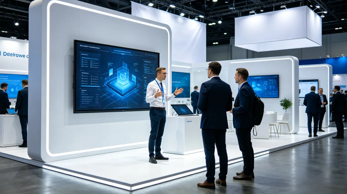 Technology trade show booth with presenter and business visitors