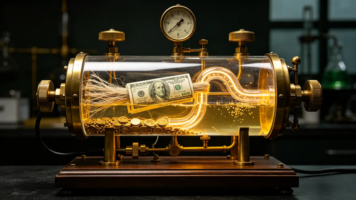 A brass and glass machine contains a glowing banknote inside a pressurized tube with gauges and wires, suggesting experimental finance, money engines, banking mechanics, and the machinery of value...