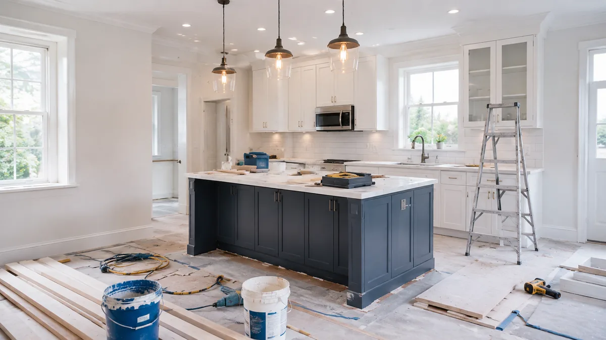 A white kitchen is mid-renovation with paint buckets, ladder, tools, drop cloths, and a dark island awaiting final work.