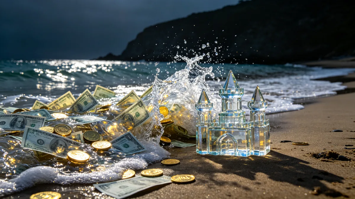 Banknotes, coins, and glowing transparent structures form a fragile sandcastle-like city along a dark shoreline, suggesting temporary wealth, dreams, speculation, and assets exposed to the tide.