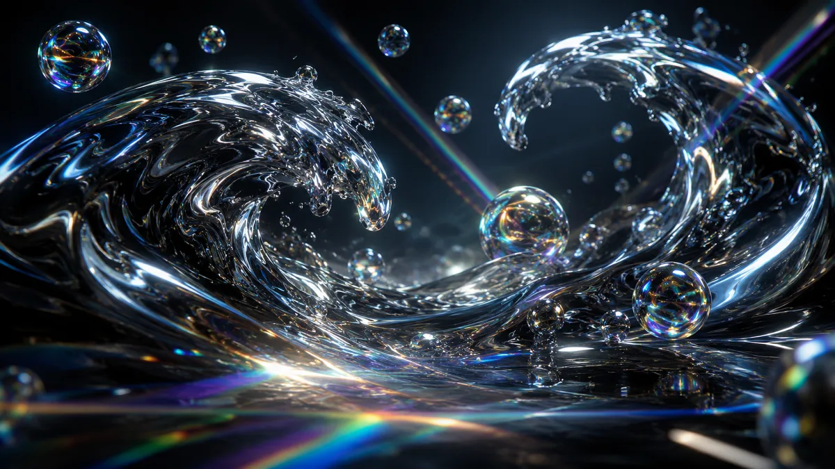 liquid chrome splash with bubbles and reflections