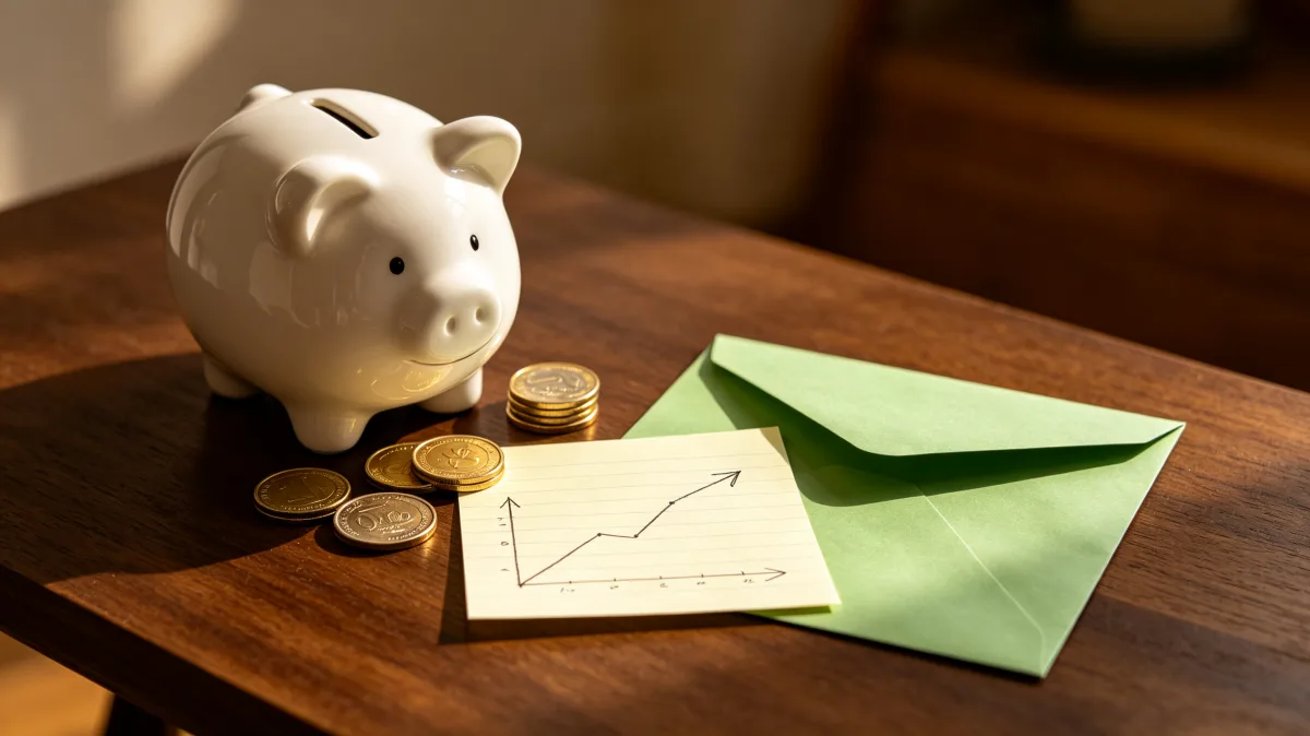 A white piggy bank sits beside coins, a green envelope, and a small paper chart, creating a simple household savings image about budgeting, emergency funds, deposits, and financial habits.