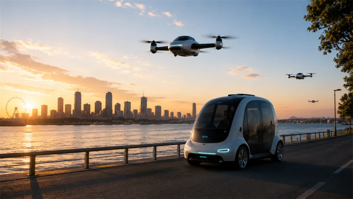 An autonomous shuttle drives along a waterfront while delivery drones cross the sunset skyline, combining shared mobility, aerial logistics, and smart-city transport.