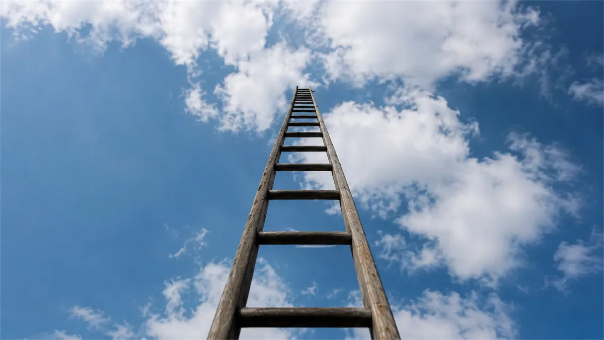 A ladder rises into a blue sky with clouds, representing upward mobility, ambition, opportunity, and the fragile promise of economic advancement.