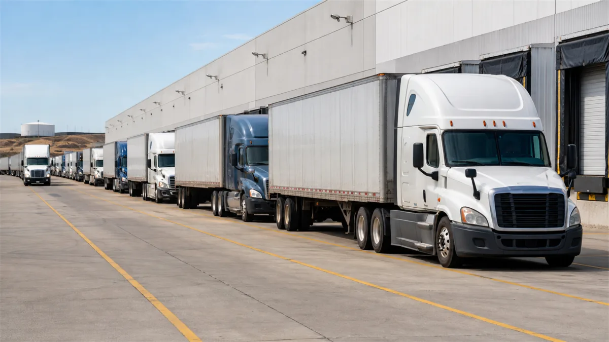 white semi trucks lined up at distribution center