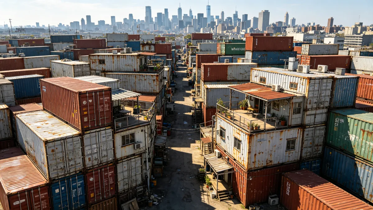 Stacks of shipping containers form a dense miniature city with a skyline in the distance, blending logistics and urban life into a concept about modular space, trade, storage, and industrial...