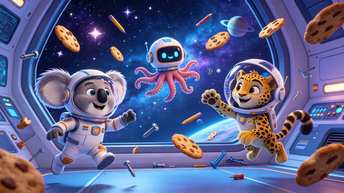 A colorful storybook cartoon scene featuring space animals cookie meteor shower, designed for playful children-friendly illustration use.