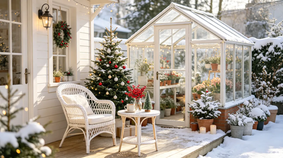 white sunroom with Christmas tree and snowy garden view