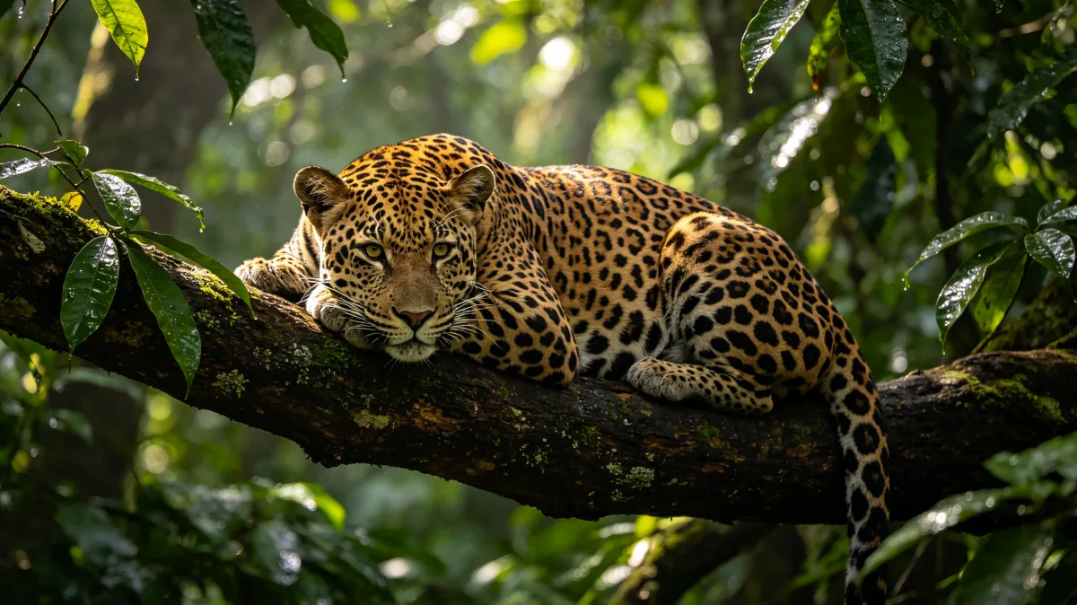 Leopard resting on tree branch in lush rainforest