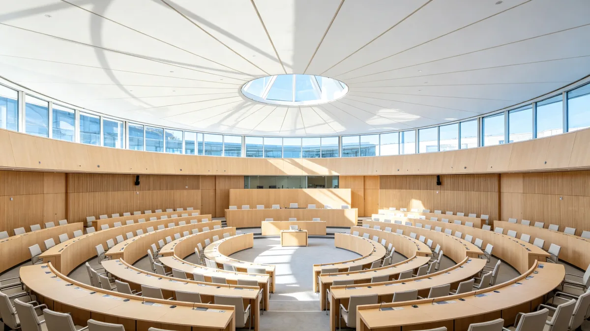 a bright circular assembly chamber has curved seating under a white domed ceiling.