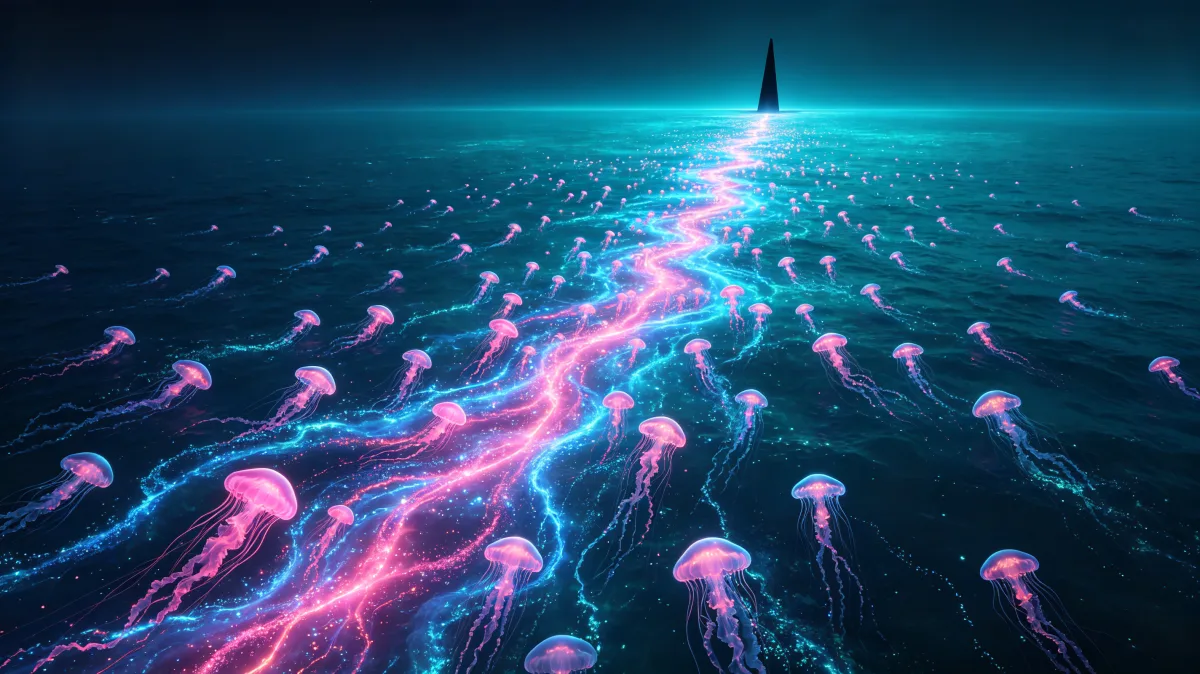Neon Ocean Light Trail Across Dark Water
