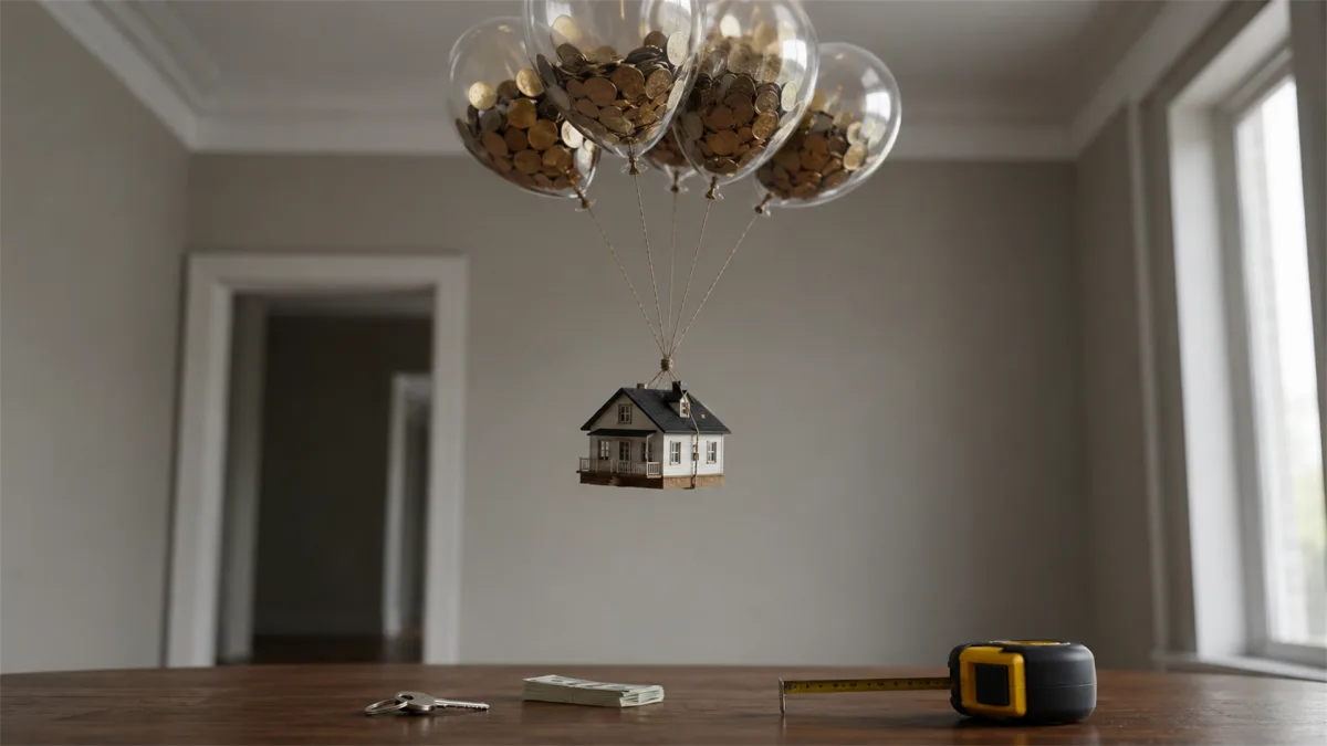 A small house model hangs from a ceiling fixture above a sparse room, creating a surreal image of suspended housing hopes or unstable affordability.