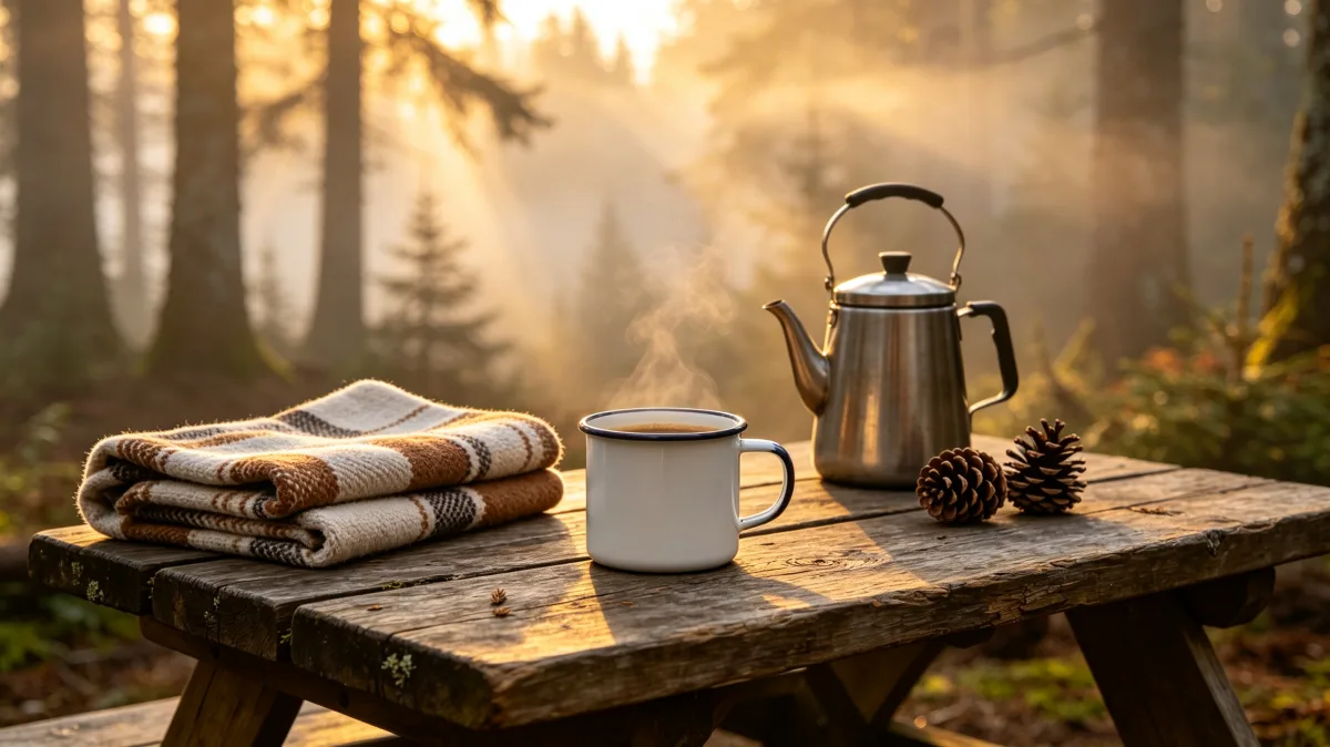 camp coffee setup with kettle mug and blanket on forest table