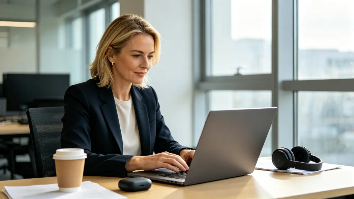 A woman types on a laptop at a bright office desk with coffee and headphones nearby, creating a clean everyday image of focused professional work and modern digital productivity.