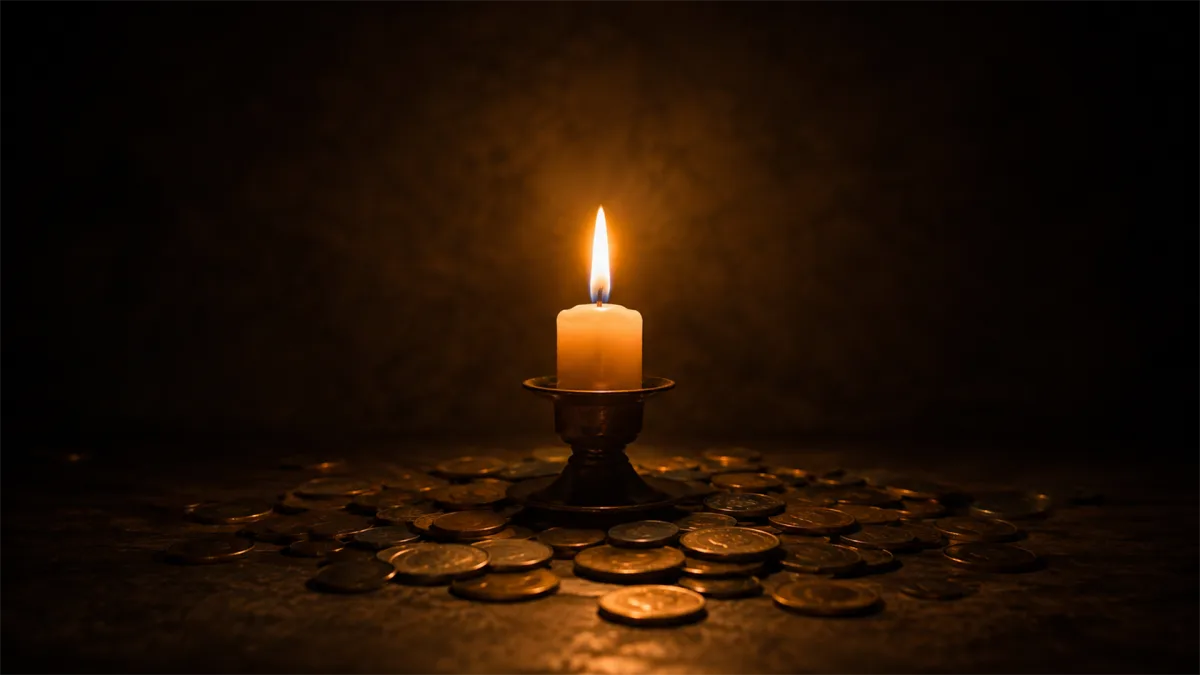 A candle burns beside coins in a dark setting, suggesting energy costs, reduced spending, scarcity, or budgeting during hard times.