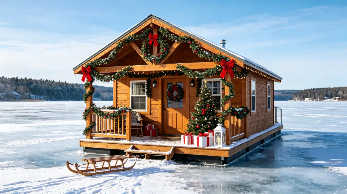 floating lake cabin decorated for Christmas on frozen water
