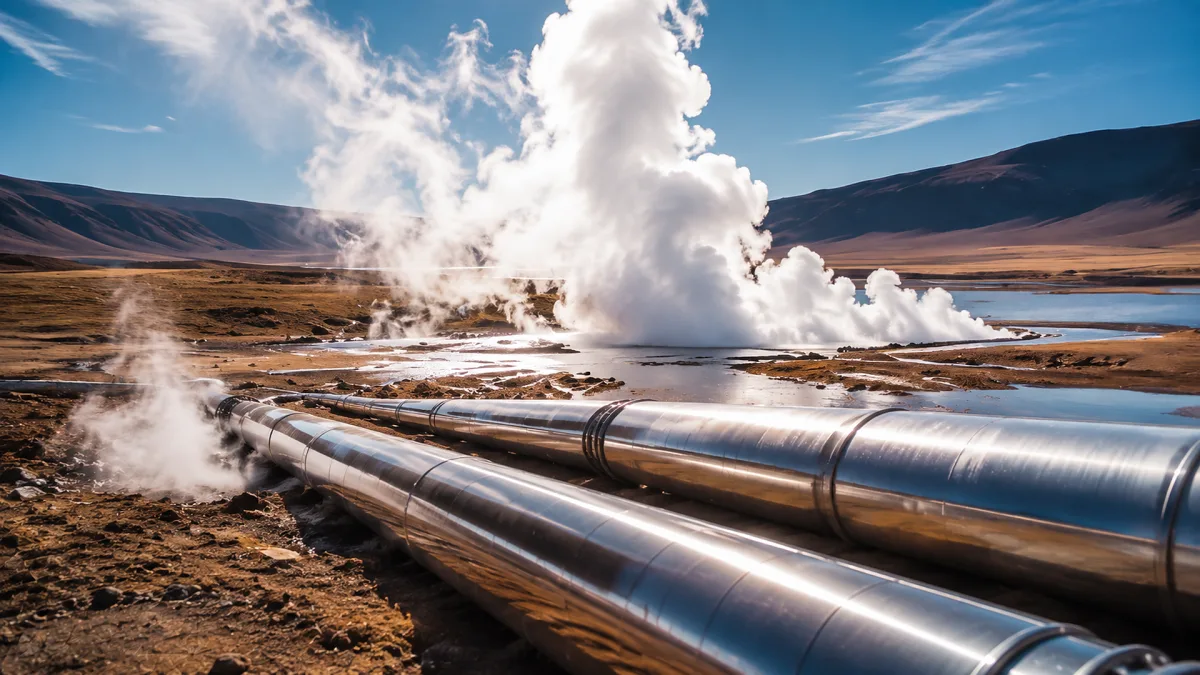 Geothermal steam rises around silver pipelines across an open volcanic field.