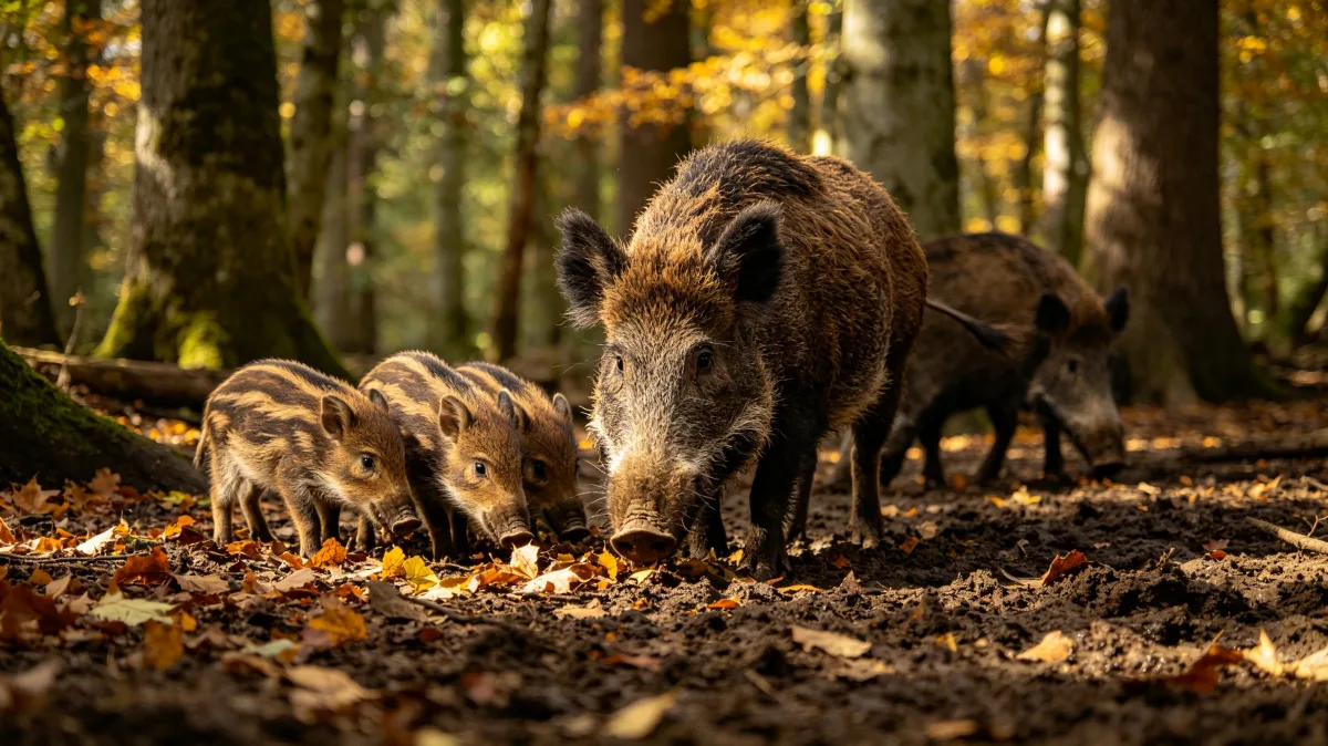Wild boar with piglets foraging in forest