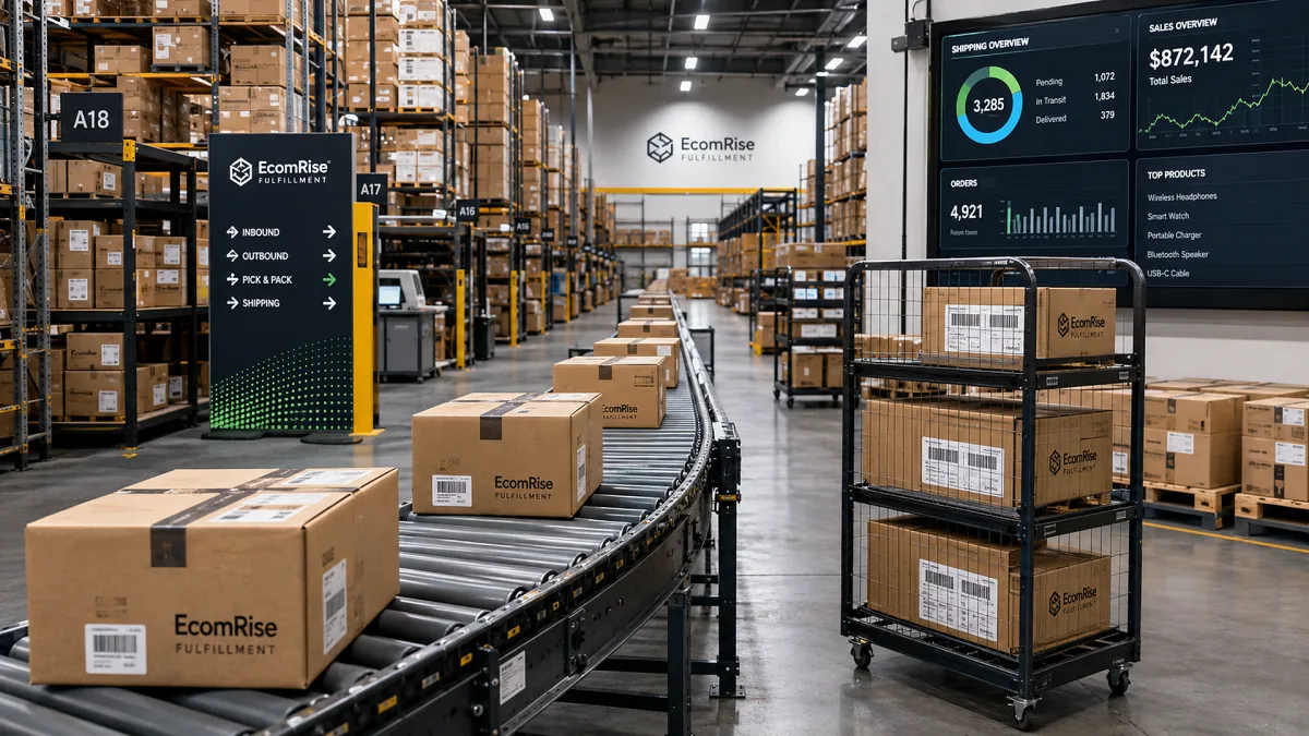 A warehouse conveyor and shelving system includes digital ecommerce marketing dashboards, shipping boxes, and campaign performance panels.