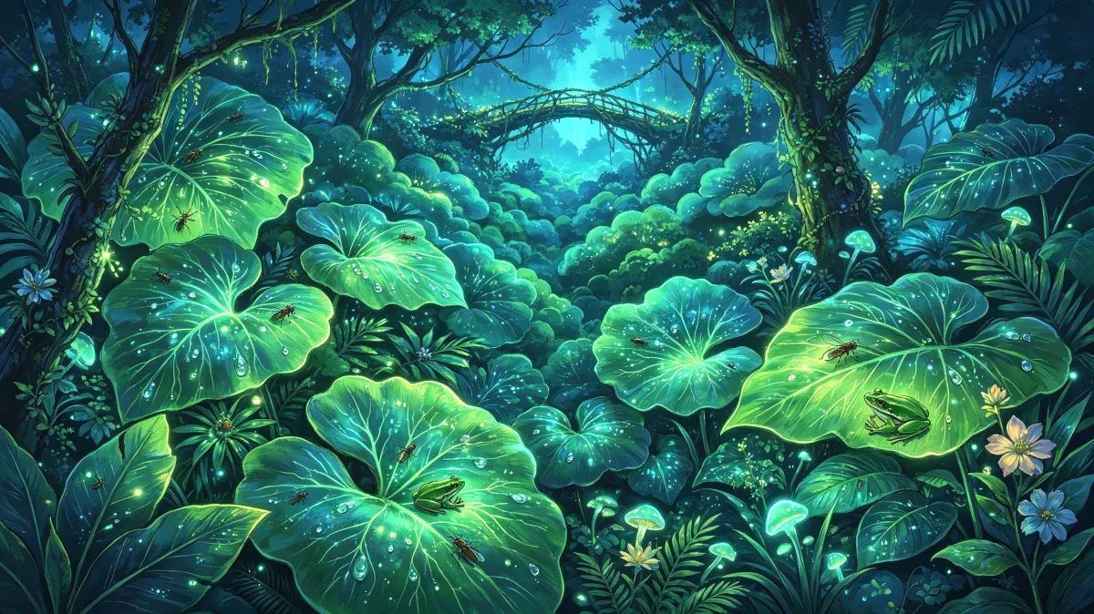 Huge round leaves, small white flowers, moss, and blue-green shadows fill a dense jungle floor, creating a richly textured botanical scene for tropical nature, foliage studies, rainforest...