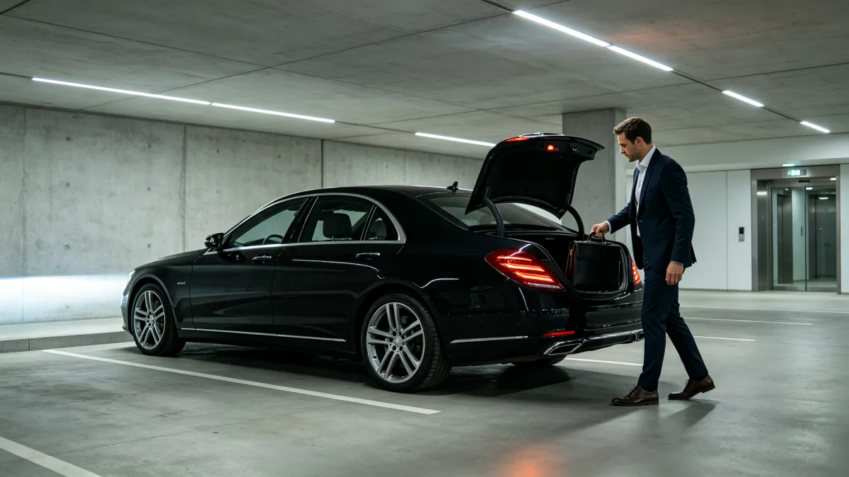 Executive inspecting car trunk in underground garage