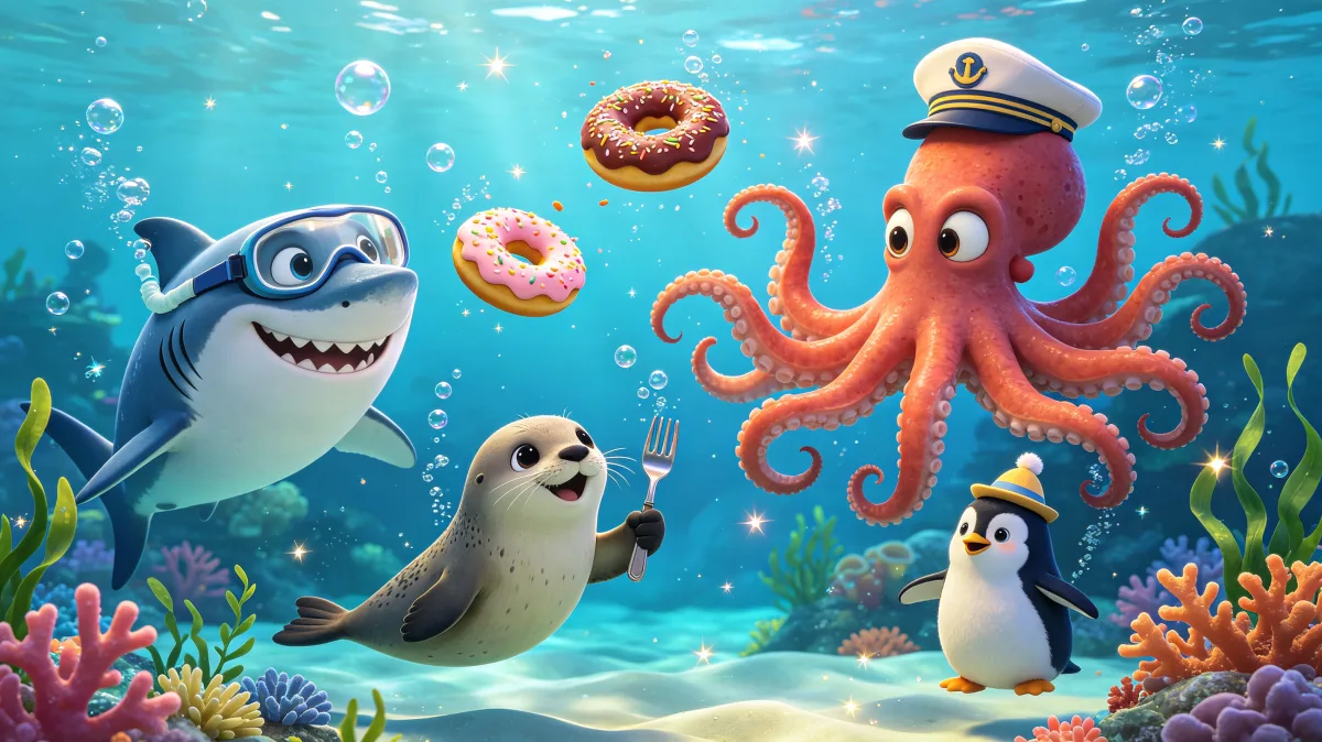 A colorful storybook cartoon scene featuring underwater friends sharing doughnuts, designed for playful children-friendly illustration use.
