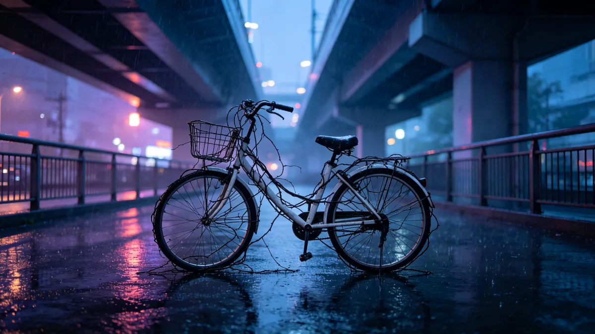 A bicycle stands under a neon-lit overpass in a rainy blue-purple corridor.
