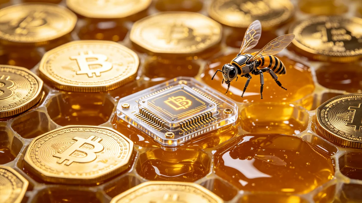 A bee hovers over a glowing circuit-like chip surrounded by gold coins and honey-colored reflections, mixing pollination, digital value, blockchain, and productive financial ecosystems.