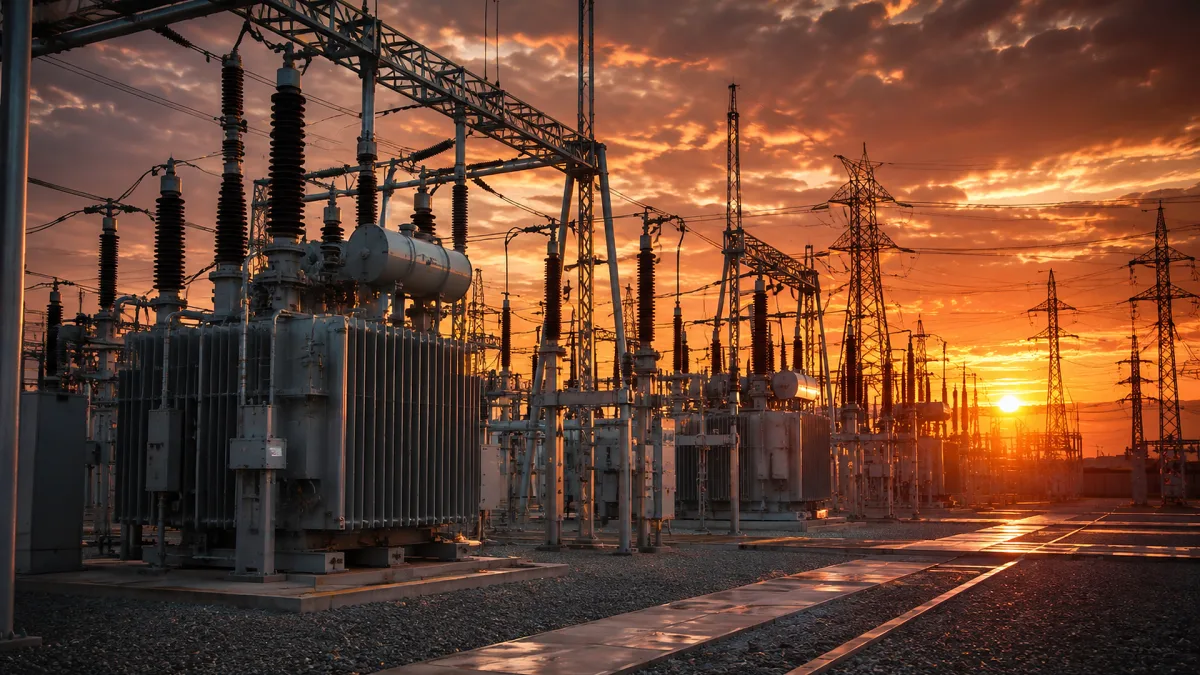 An electrical substation glows at sunset with transformers, steel frames, and overhead power lines.