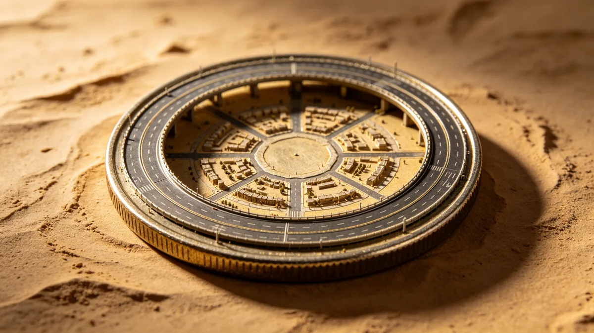 a round metallic clock or coin-like object lies partly embedded in sand, blending timekeeping with texture, memory, and small everyday objects photographed as a quiet still life.