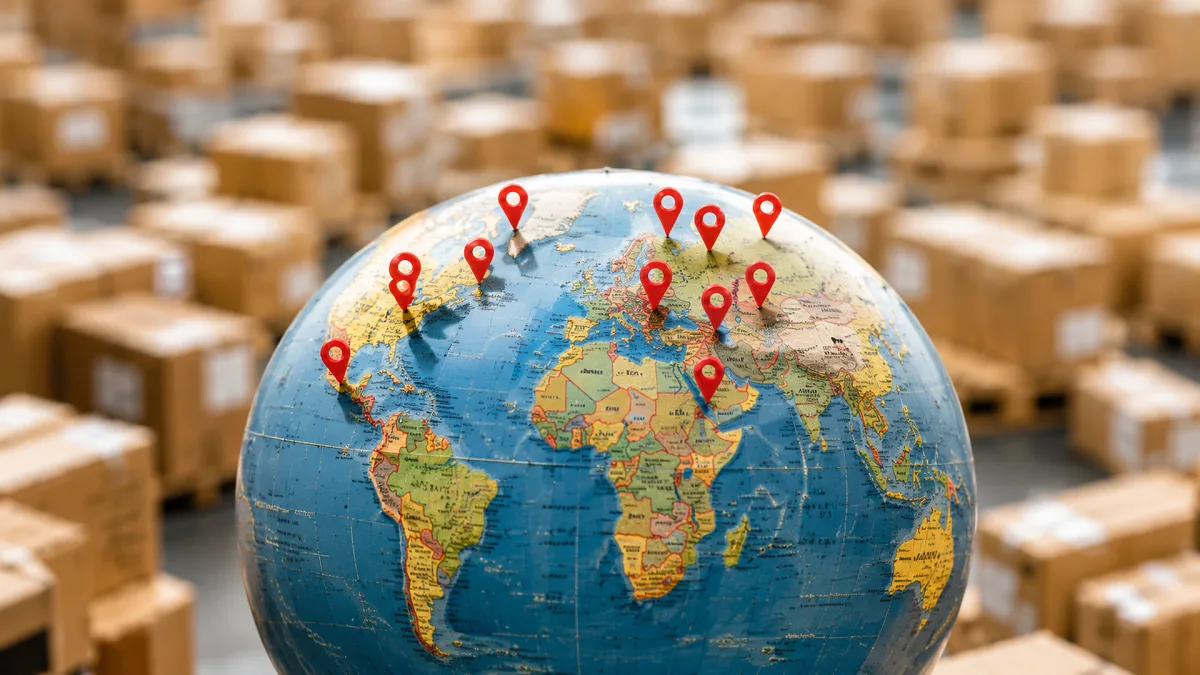 A globe with location pins sits among many shipping boxes, suggesting worldwide ecommerce fulfillment.