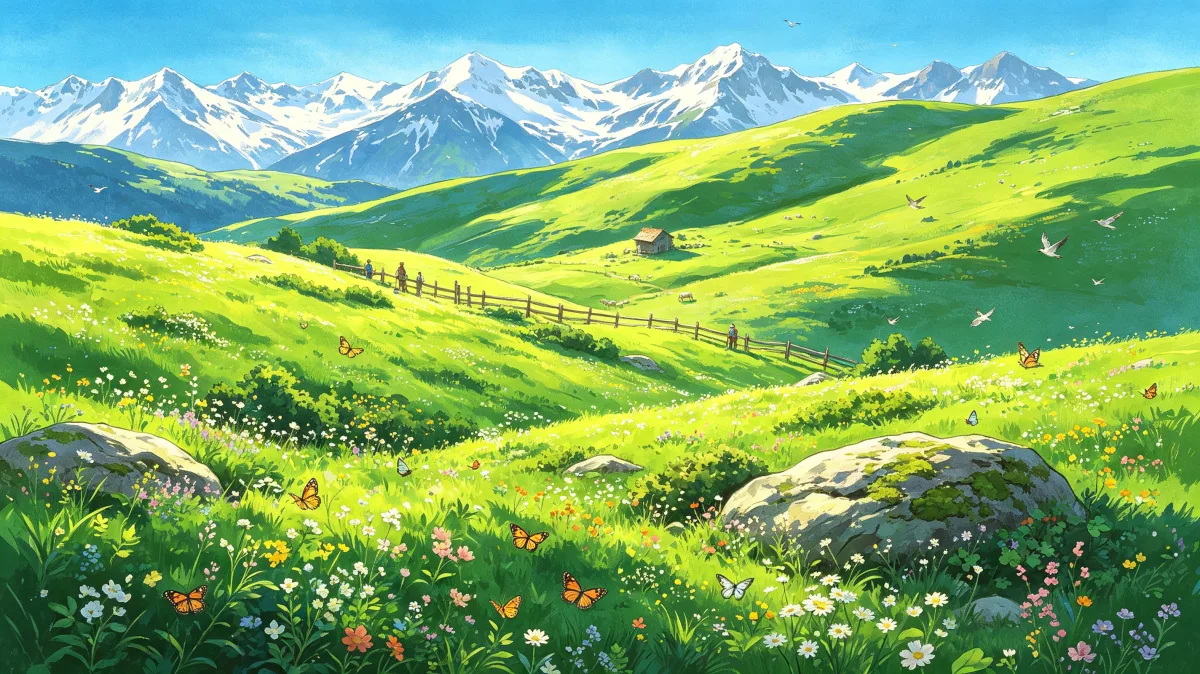 Wide green hills roll toward distant snowcapped mountains under a blue sky, with wildflowers and butterflies adding a bright open feeling for peaceful countryside, alpine meadows, travel...