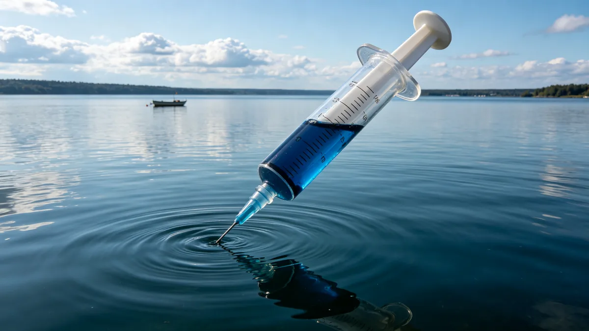A massive syringe descends toward still blue lake water, producing a surreal public-health and environmental image about injection, contamination, medicine, intervention, and the vulnerability of...