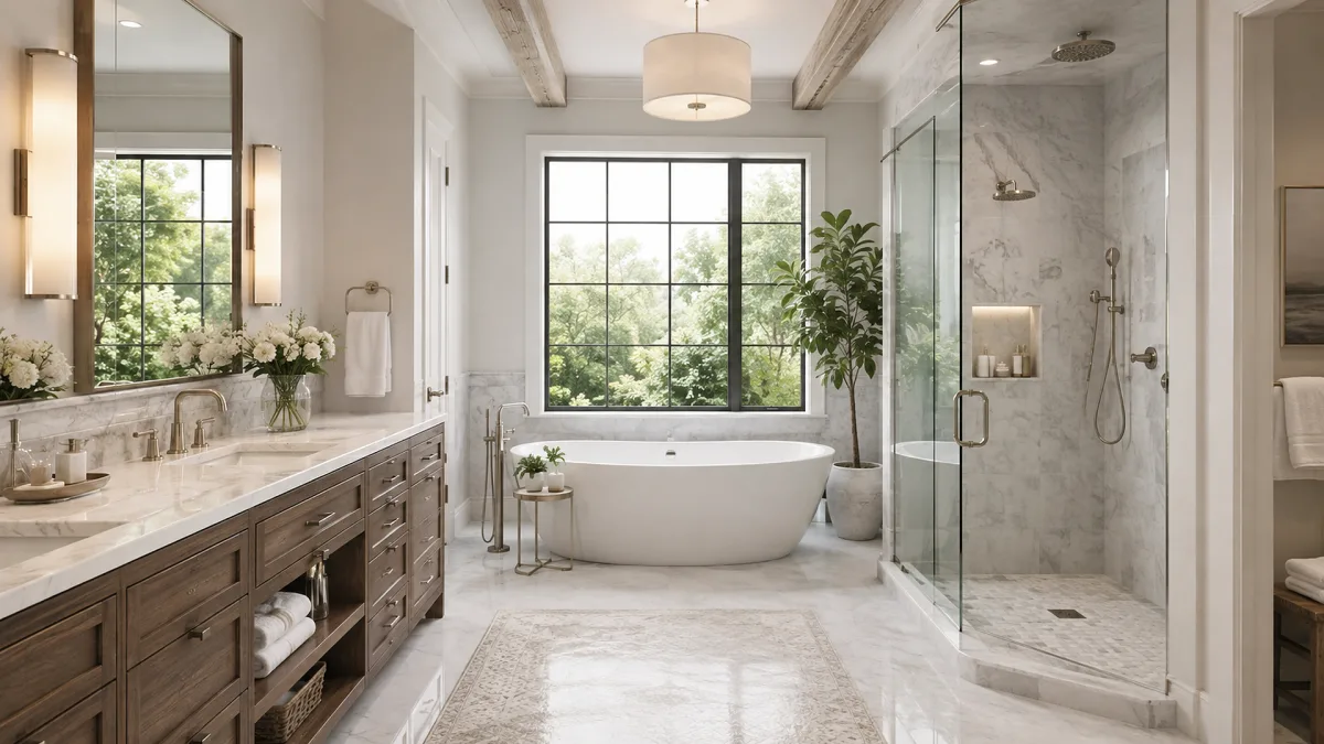 A bright bathroom includes double vanity, freestanding tub, glass shower, marble surfaces, and garden-facing windows.