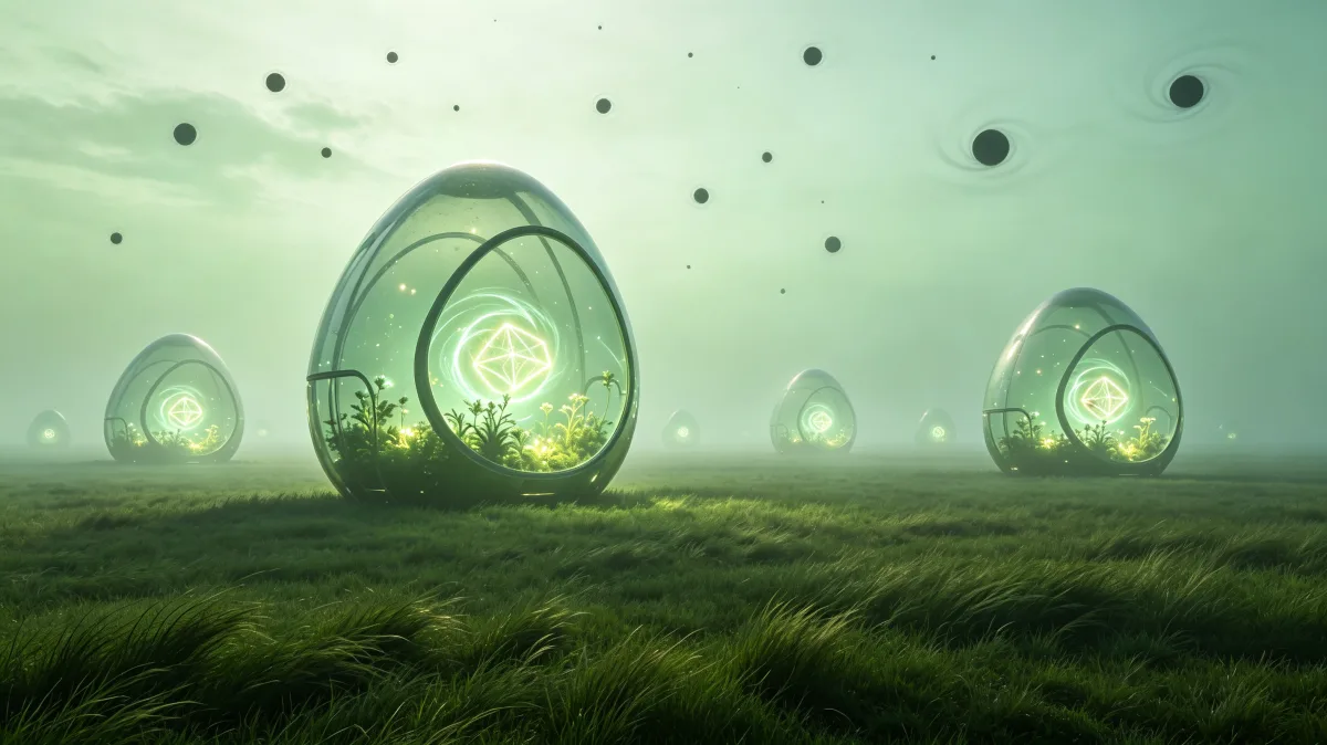 Green glass pods float across a misty field with tiny suspended dark spheres.