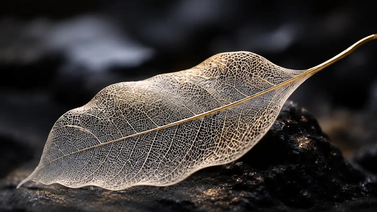 silver skeleton leaf macro on dark background