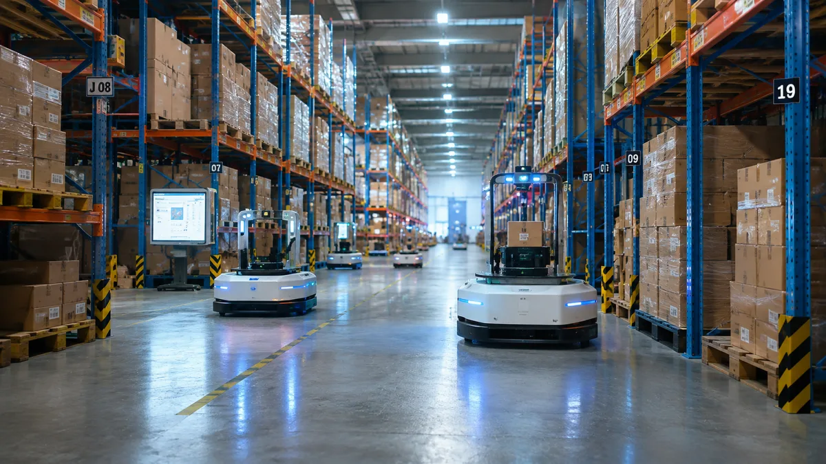 Autonomous robots move through tall warehouse aisles in an automated fulfillment center.