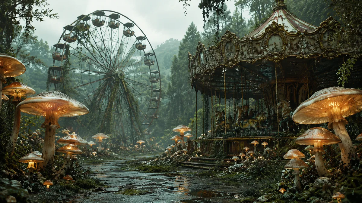 An abandoned fairground carousel is surrounded by oversized mushrooms in mist.