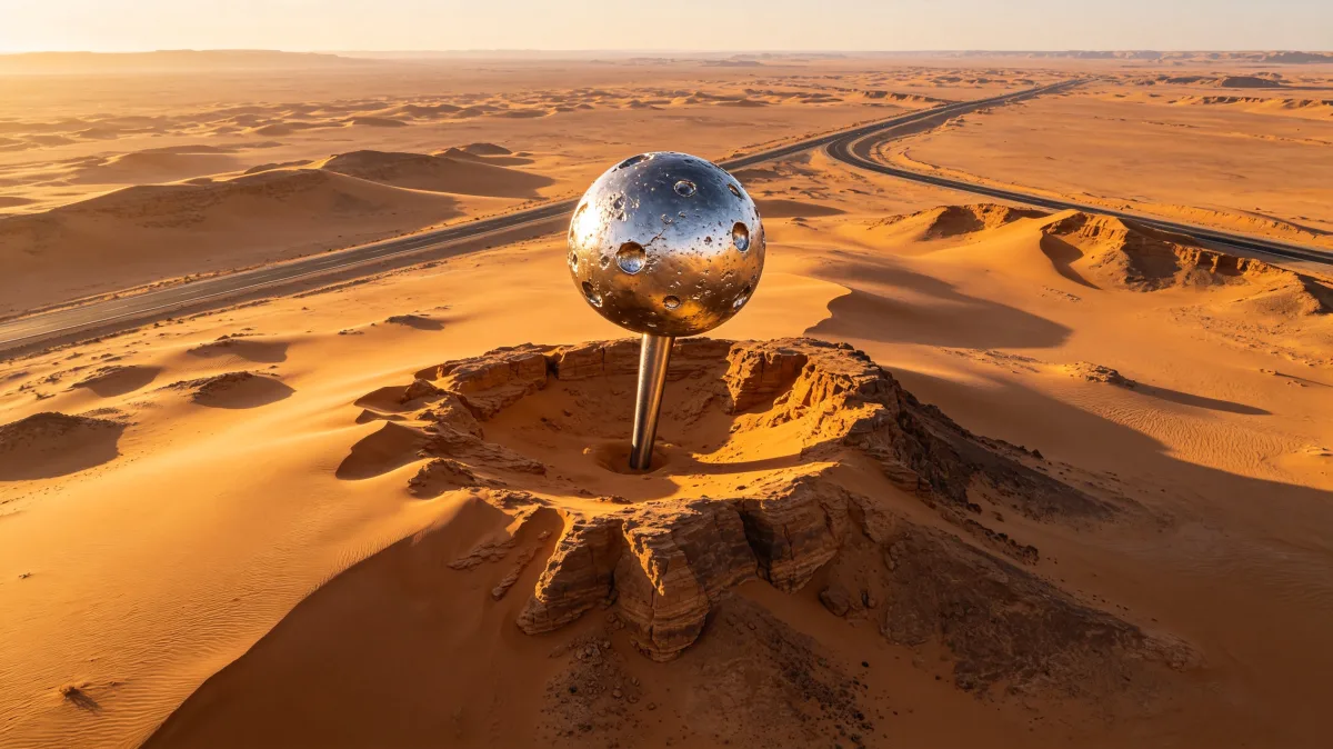 a reflective chrome sphere rests on a dune in a wide desert landscape, turning the empty terrain into a meditation on isolation, reflection, heat, direction, and surreal object placement.