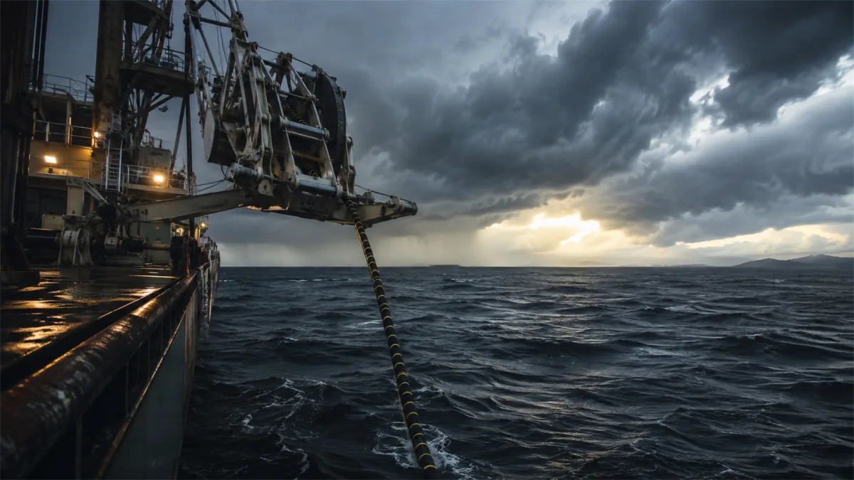 A cable or service vessel works in rough ocean weather with cranes extended over dark waves, illustrating marine installation, undersea network maintenance, offshore logistics, and resilient...