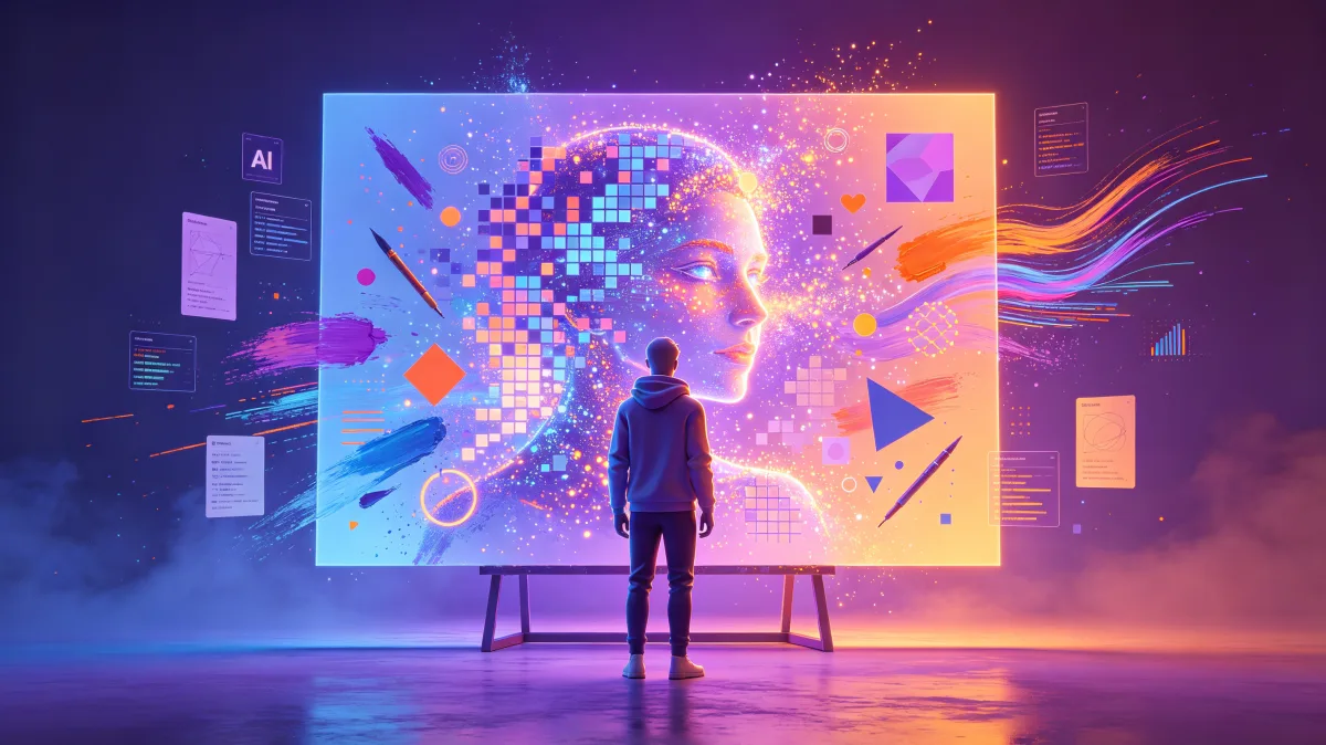 Person viewing colorful generative AI artwork on large digital canvas