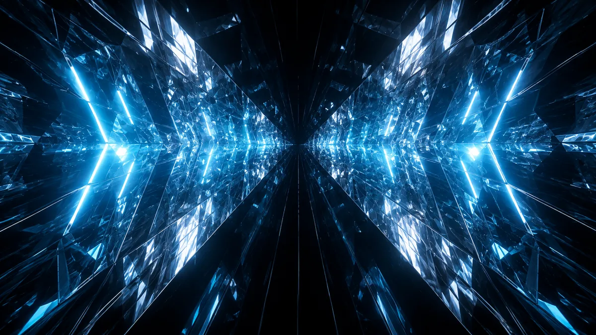 blue mirrored crystal tunnel with glowing light