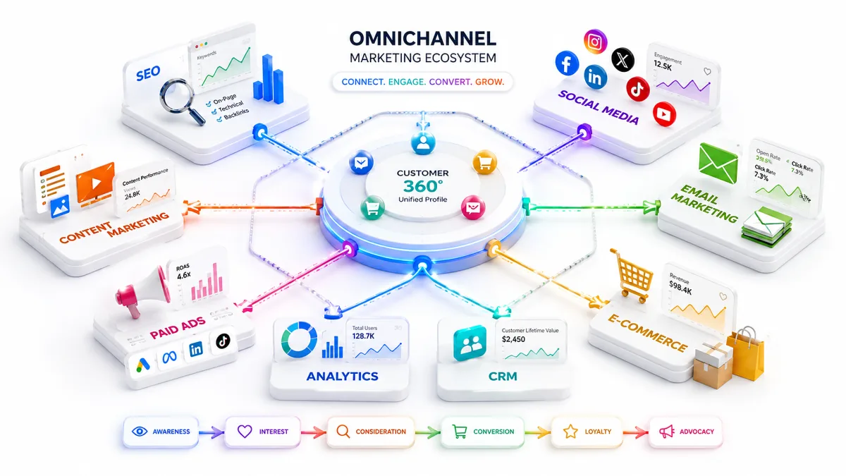 A bright omnichannel marketing diagram links SEO, ads, email, social, CRM, content, analytics, and ecommerce touchpoints around a central hub.