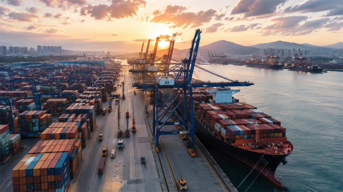 port terminal lane between container ships and cranes at sunset