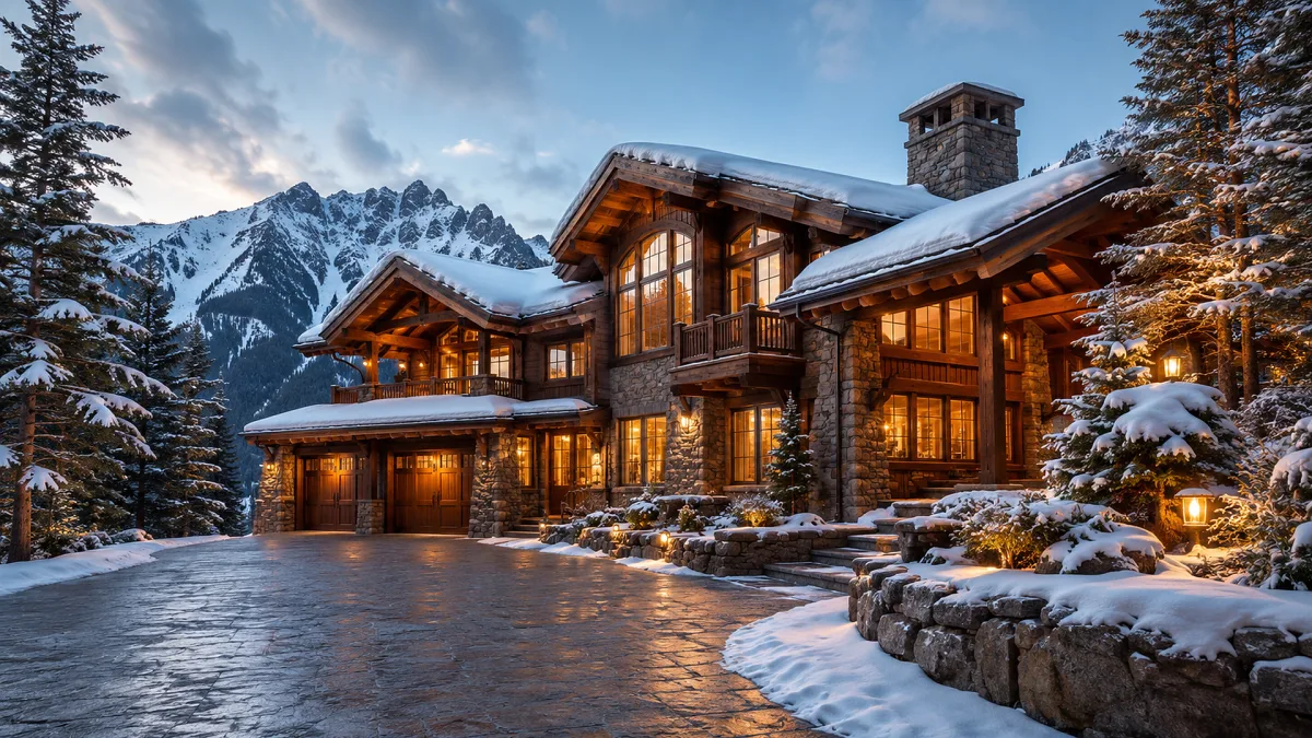 A warm mountain lodge is surrounded by snow, evergreen trees, stonework, timber beams, and glowing windows at dusk.
