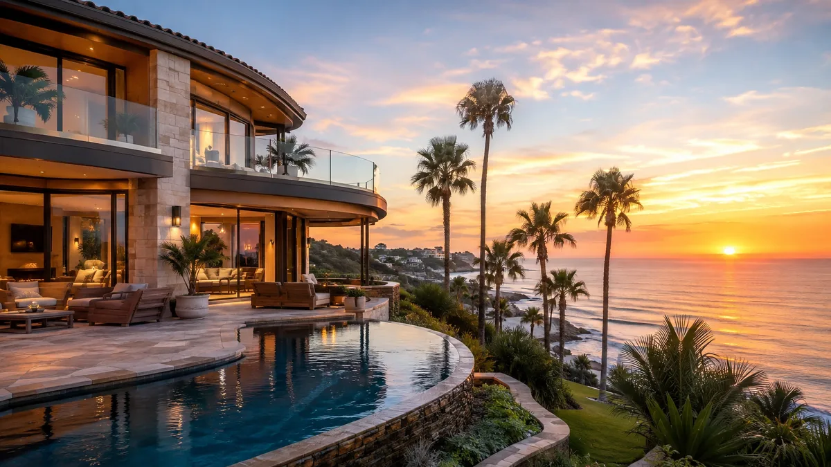 A hillside ocean view villa includes curved decks, an infinity pool, palm trees, and sunset light over coastal water.