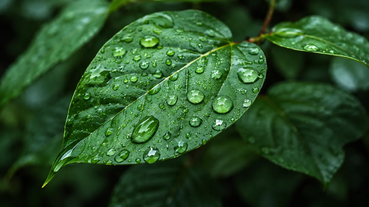 Water droplets rest on green leaves in a fresh environmental macro view.