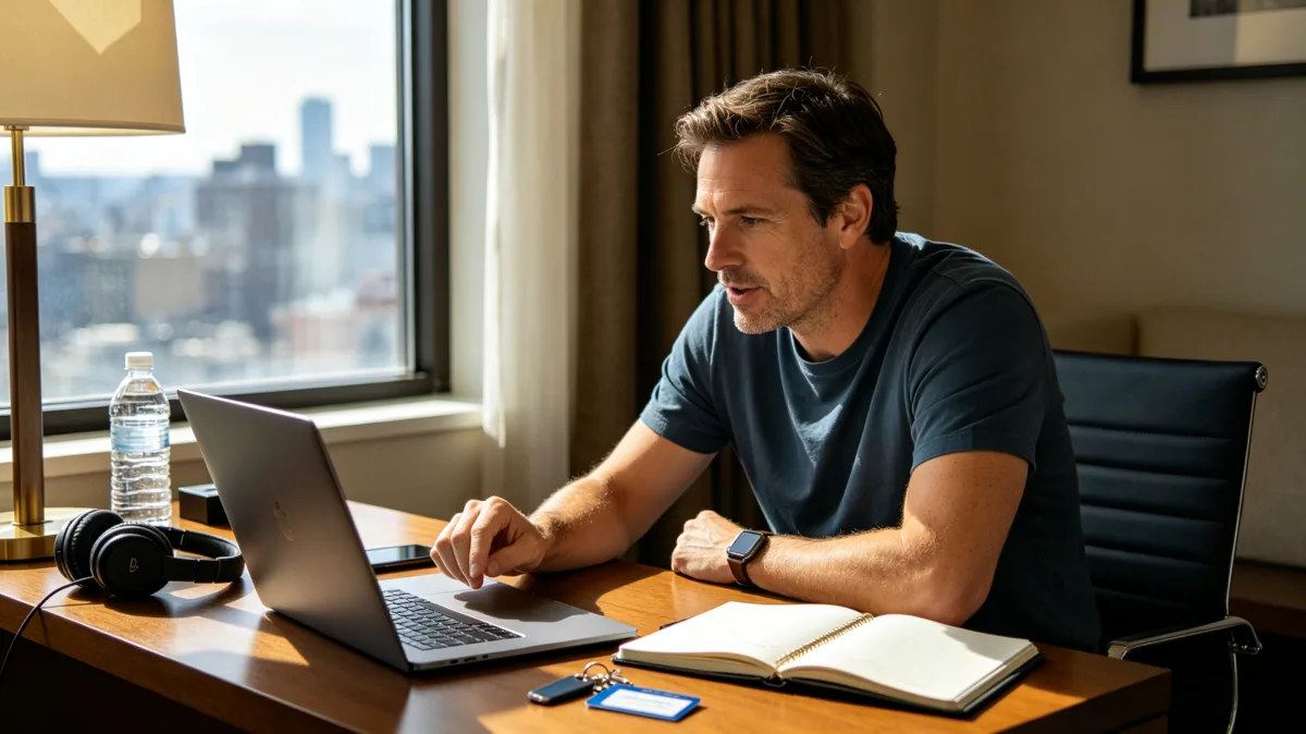 A man works at a home or private office desk with a laptop, notebooks, headphones, lamp, and city view, showing focused independent work in a comfortable professional setting.